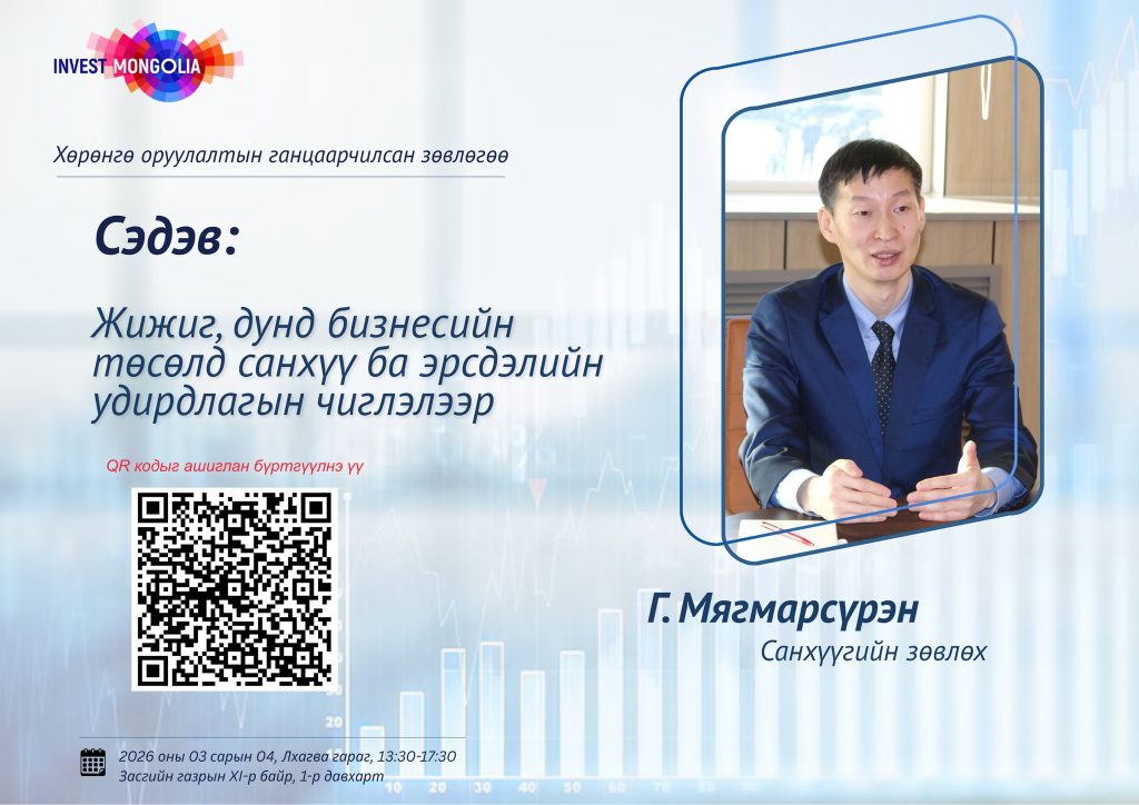 ХӨРӨНГӨ ОРУУЛАЛТЫН ГАНЦААРЧИЛСАН ЗӨВЛӨГӨӨ – ЖИЖИГ, ДУНД БИЗНЕСИЙН ТӨСӨЛД САНХҮҮ БА ЭРСДЭЛИЙН УДИРДЛАГЫН ЧИГЛЭЛЭЭР