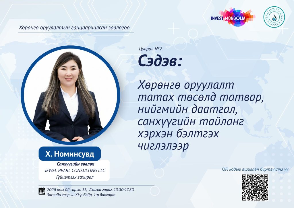 ХӨРӨНГӨ ОРУУЛАЛТЫН ГАНЦААРЧИЛСАН ЗӨВЛӨГӨӨ – ХӨРӨНГӨ ОРУУЛАЛТ ТАТАХ ТӨСӨЛД ТАТВАР, НИЙГМИЙН ДААТГАЛ, САНХҮҮГИЙН ТАЙЛАНГ БЭЛТГЭХ ЧИГЛЭЛЭЭР